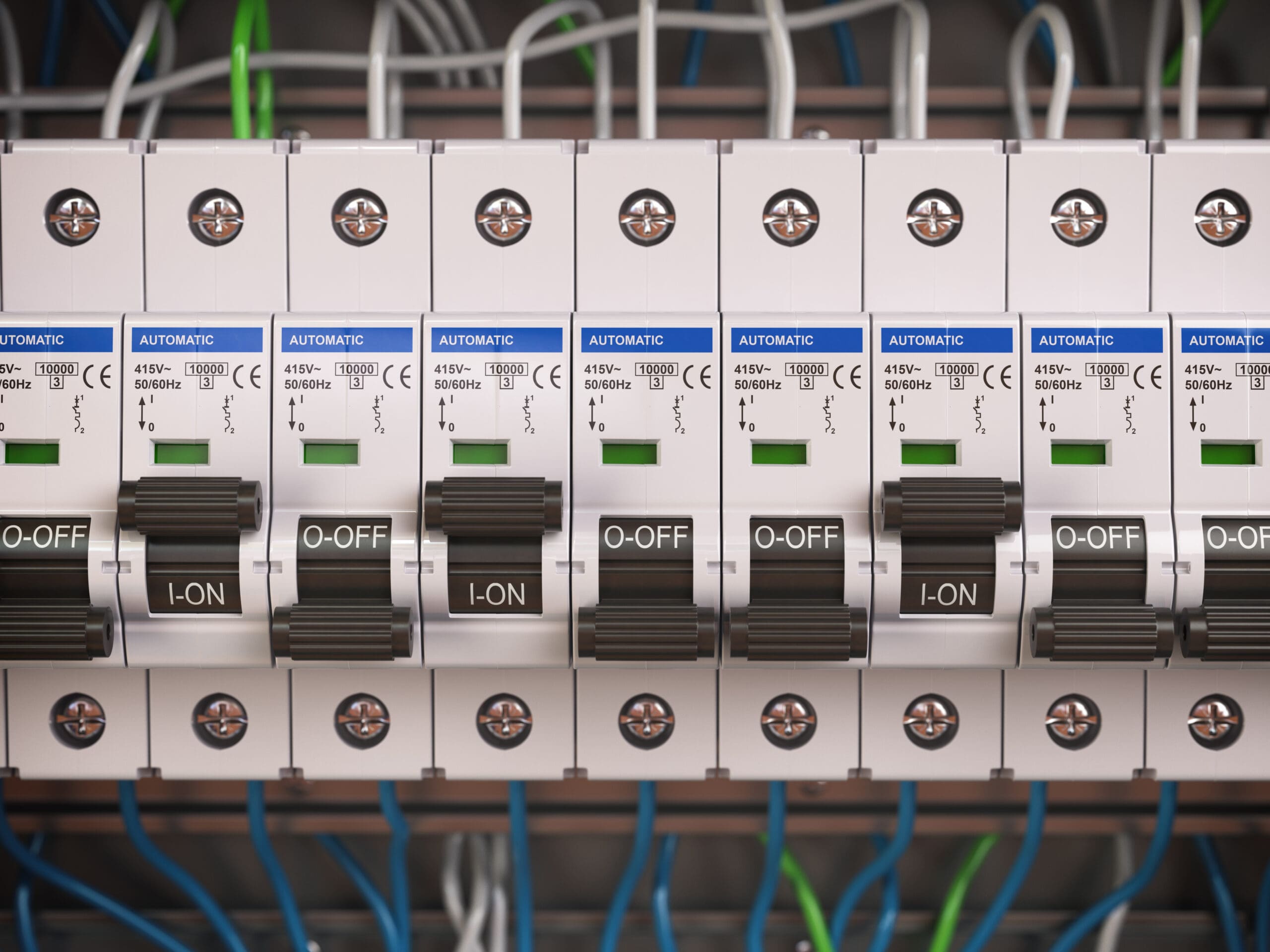 Electric switches in fusebox. Many black circuit brakers in a row. 3d illustration